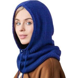 Women Scarf Hat Balaclava Beanie Skull Cap with Drawstring Warm Hat Blue